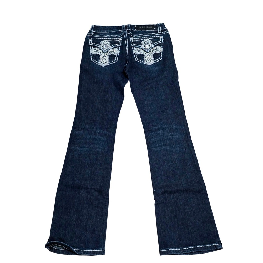 LA Idol USA Women's Dark Wash Rhinestone Cross Flare Jeans Sz 9 Contrast Stitch‎